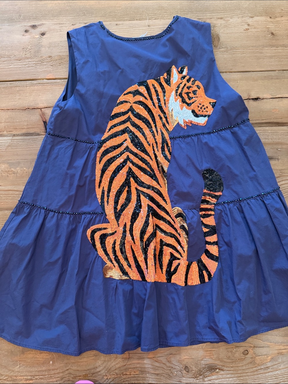 QUEEN OF SPARKLES Blue Mini Dress with Orange and Black Tiger Applique
